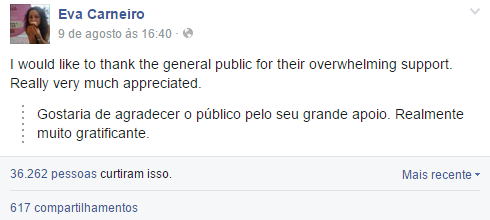 Fisioterapeuta agradece apoio da torcida.