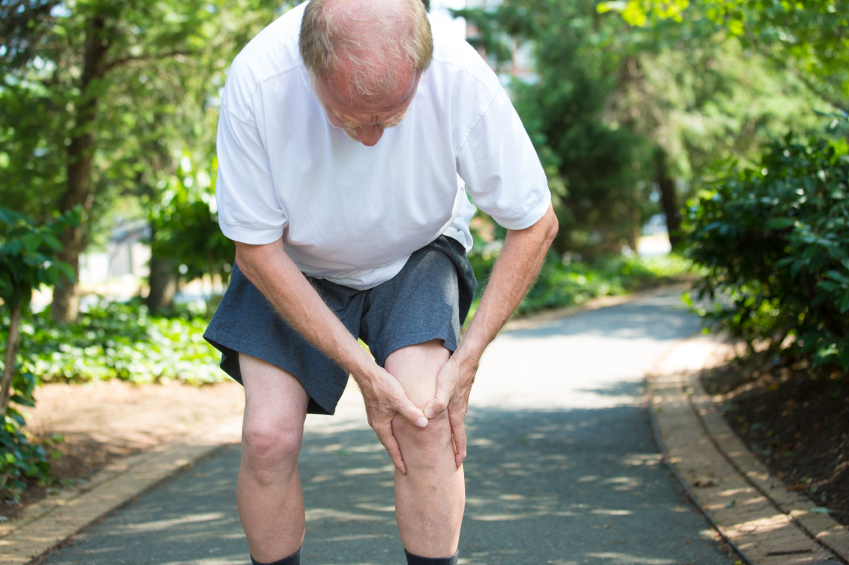 Closeup portrait, older man in white shirt, gray shorts, standing on paved road, in severe knee pain, isolated trees outside outdoors background.